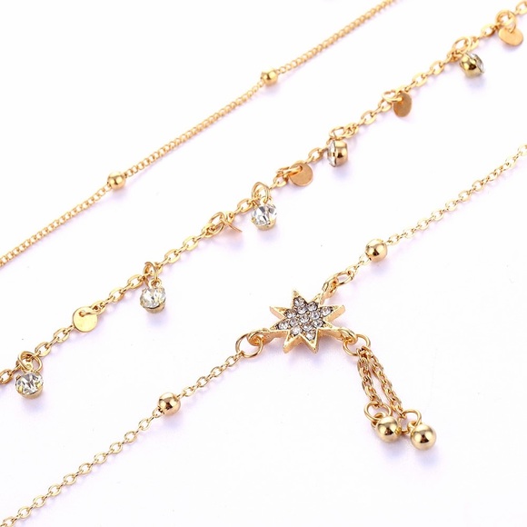 Bohemian 3 Pcs Crystal Star and Gold Anklet Set - Picture 7 of 10